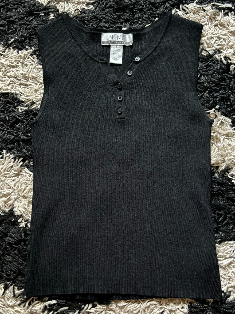 Nine & Company Quarter Button V-Neck Black Ribbed Tank Top